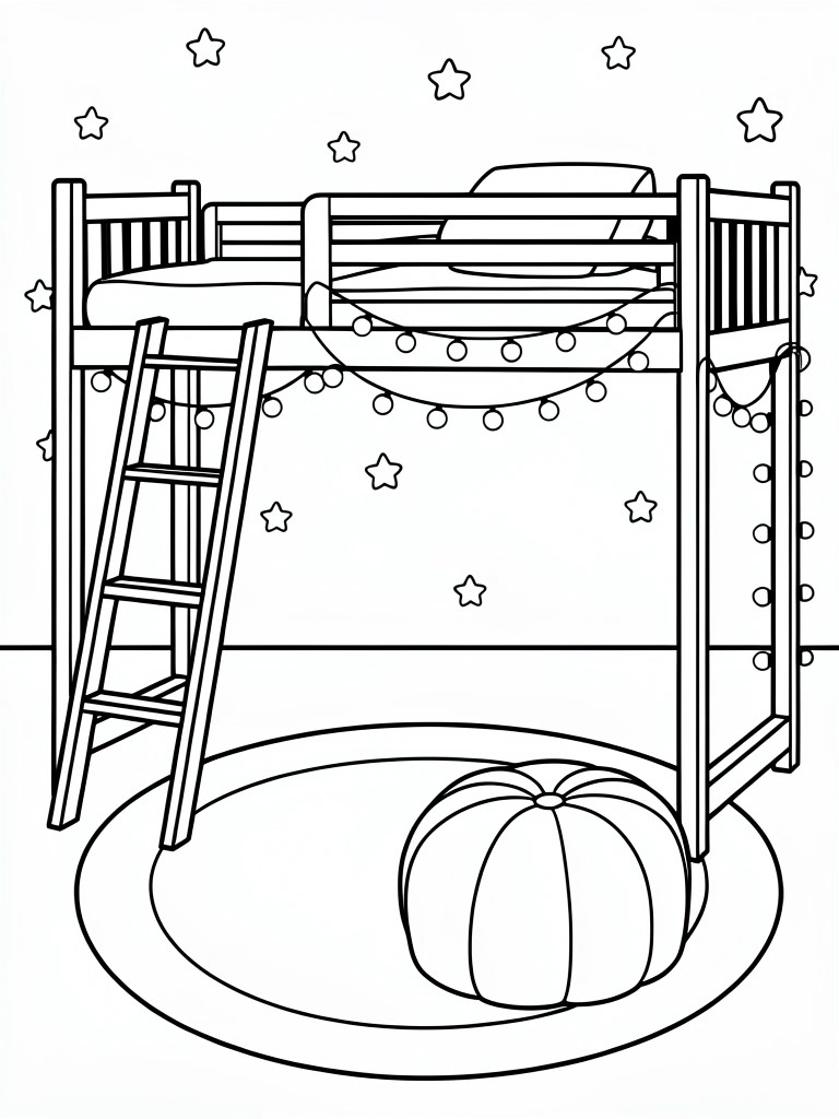 Line art of a bunk bed with ladder, string lights, floating stars, round rug, and pumpkin pouf in a room scene.