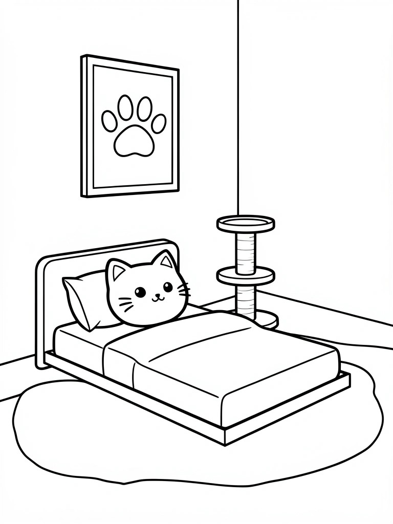 Line drawing of a cute cat head on a pillow in bed, with scratching post, paw print frame, and rug in a bedroom.