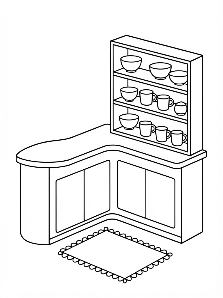 Line drawing of a curved corner kitchen counter with cabinets, shelves of bowls and cups, and a fringed rug.