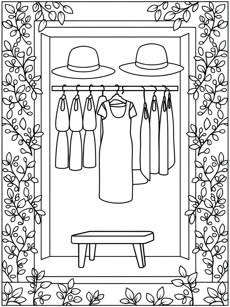 Line art of an open wardrobe with hanging dresses, skirts, hats on a shelf, bench below, and vine border frame.