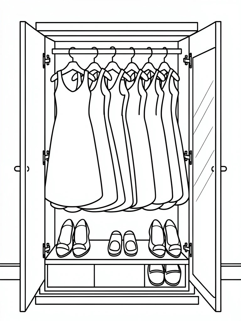 Line drawing of an open wardrobe with dresses on hangers and shoes on lower shelves.