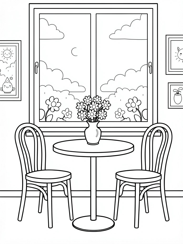 Line art of a kawaii room interior featuring a window with sky, flowers on sill and table vase, round table, two chairs, and wall frames.