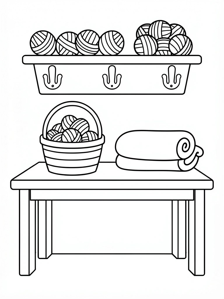 Line drawing of yarn balls on a shelf with hooks above a table holding a yarn basket and rolled towel.