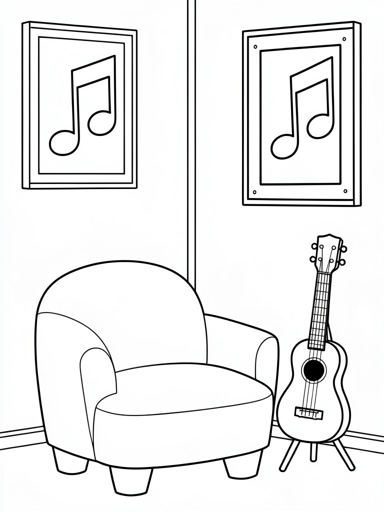 Line drawing of a room corner with musical note frames on walls, rounded armchair, and ukulele on stand.