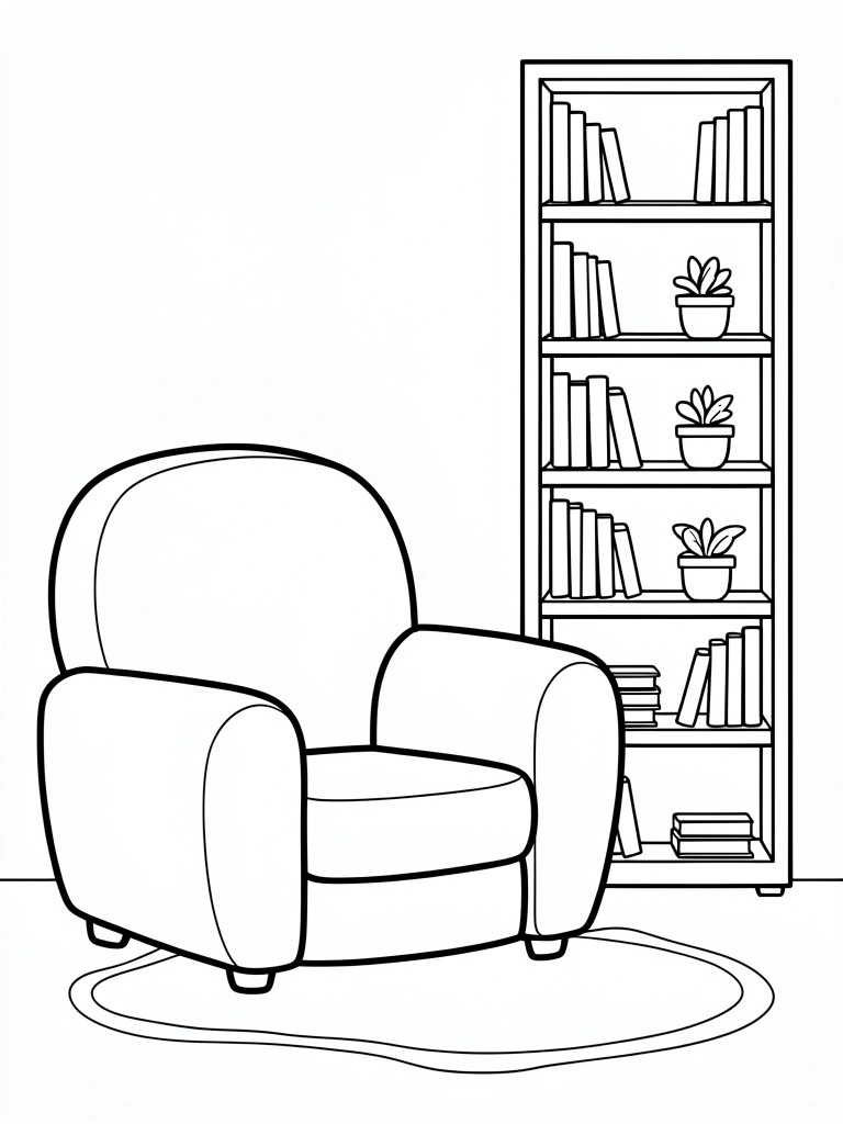 Line drawing of a rounded armchair on a rug in front of a bookshelf with books and potted plants.