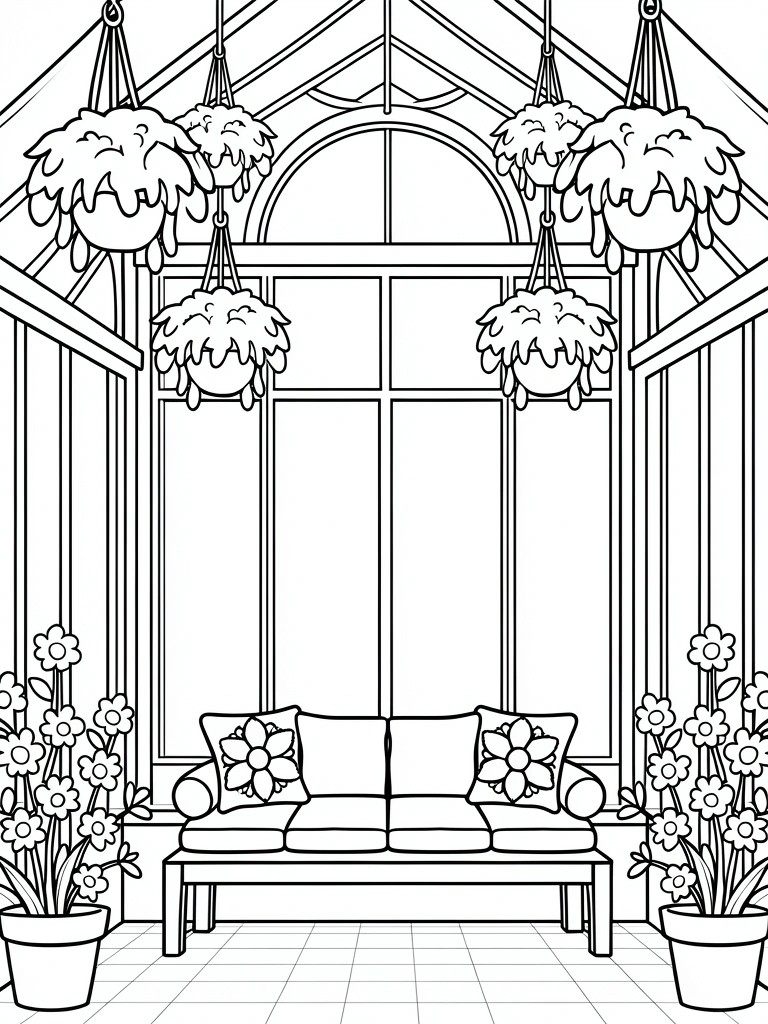 Line art coloring page of a symmetrical greenhouse interior featuring a cushioned bench, large arched windows, hanging and potted plants, and a tiled floor.