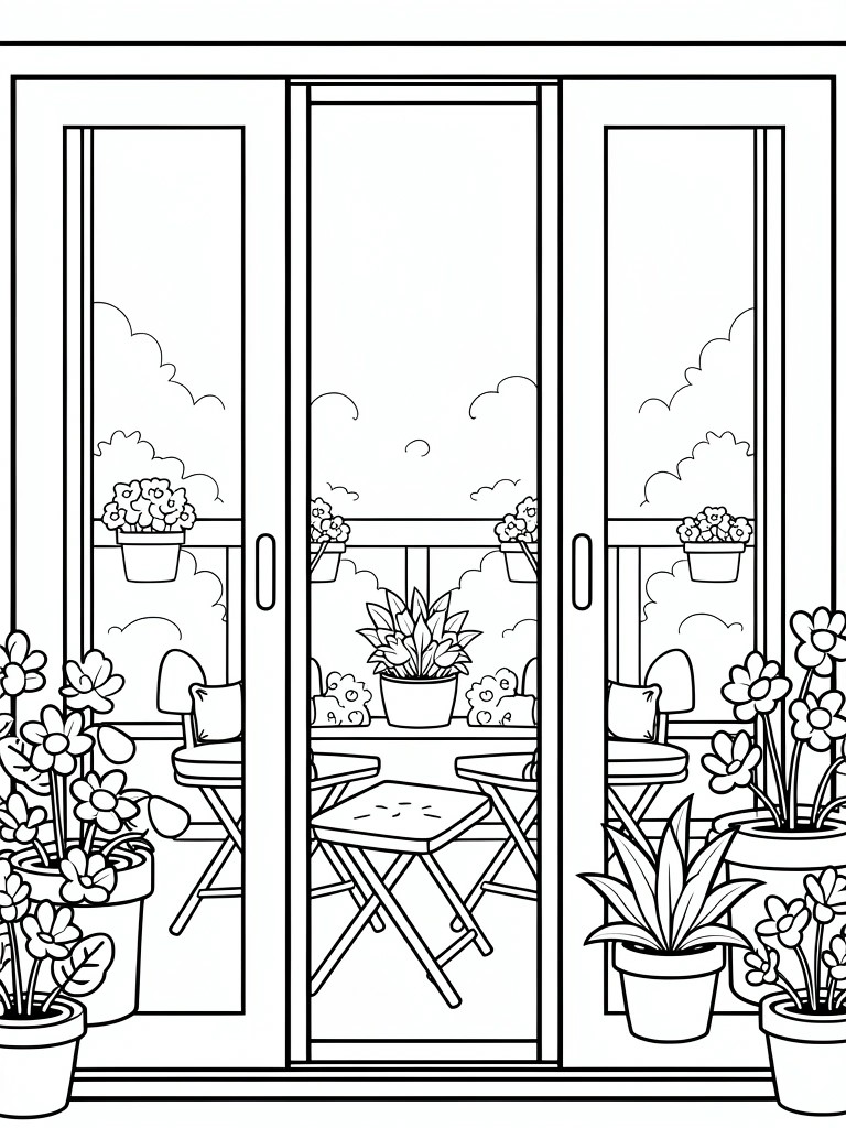 Line drawing of three sliding glass doors viewing a balcony with potted plants, flowers, chairs, table, and cloudy sky.