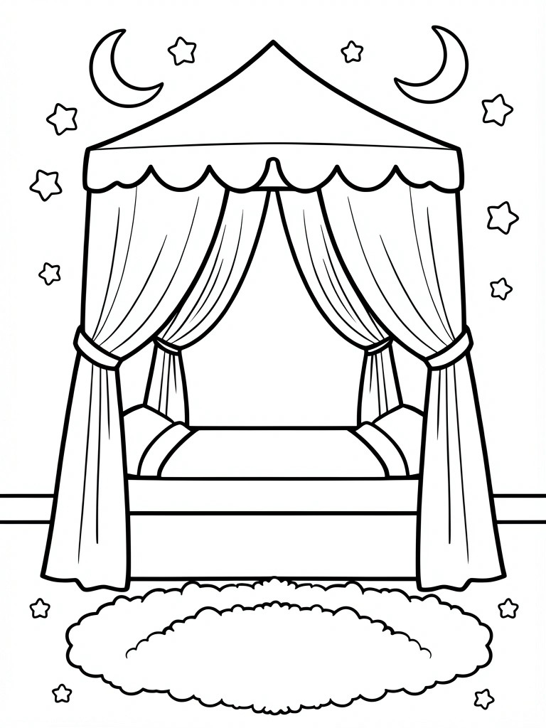 Black line art of a canopy bed with draped curtains, starry moons, stars, and a rug.
