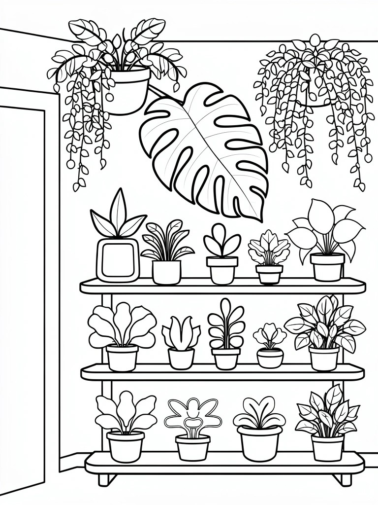 Black outline coloring page of a room corner with an open door, tiered shelves of potted plants, and hanging vines with a large monstera leaf.