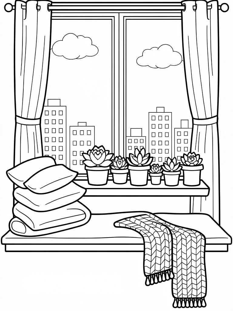 Black outline coloring page of a windowsill bench with succulents, pillows, blanket, curtains, and city buildings outside.