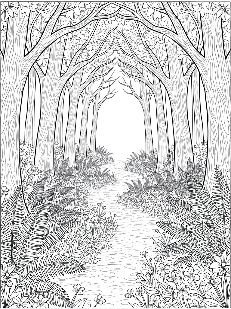 Line art of tall trees arching over a central winding forest path lined with ferns and flowers.