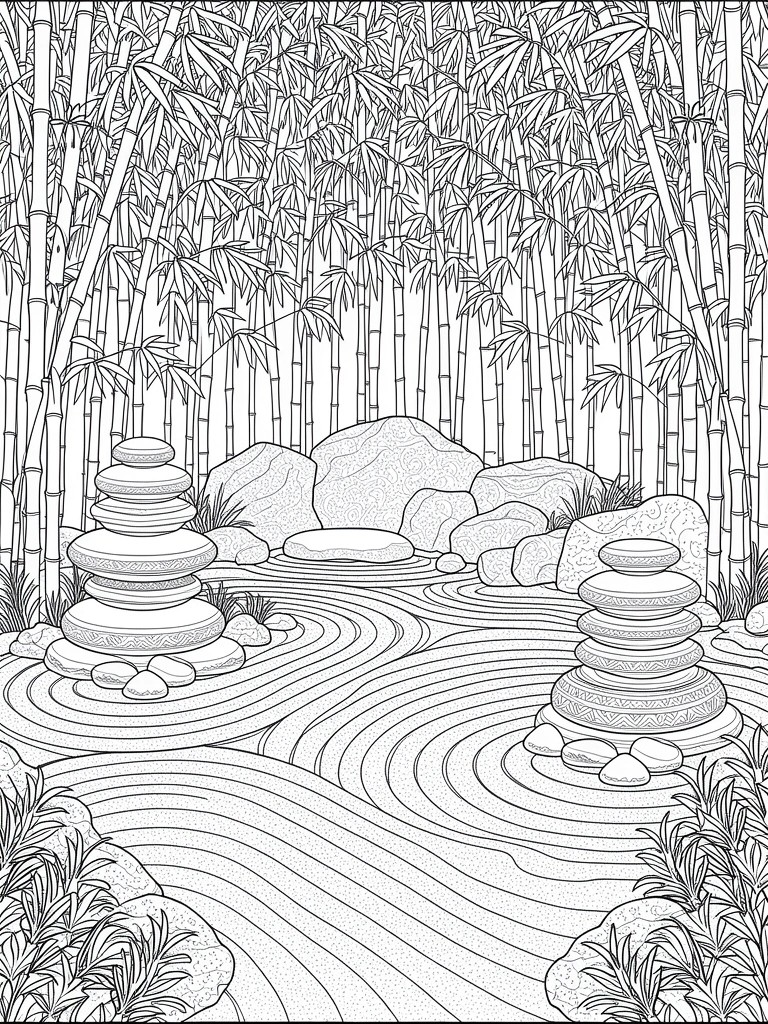 Line art coloring page featuring a central Zen garden with stacked stones, rocks, swirling sand, and tall bamboo forest surroundings.