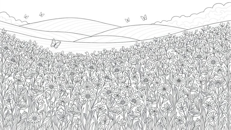 22 Calm Aesthetic Coloring Pages for a Creative Reset Black line drawing of a dense field of flowers with stems, leaves, daisies, butterflies flying above, and wavy rolling hills in the background.