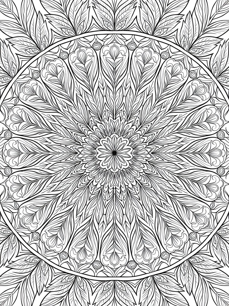 Black line art mandala with intricate, symmetrical leaf and feather patterns filling a circle.