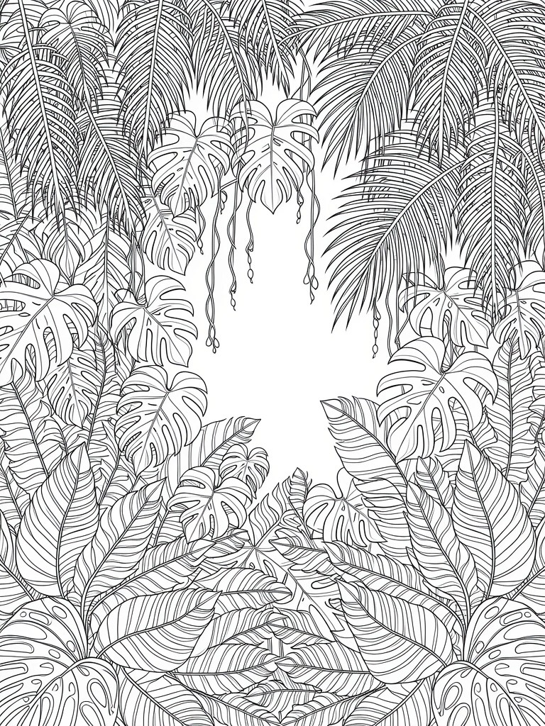 Black line art of overlapping monstera leaves, palm fronds, and vines in a dense tropical plant arrangement.