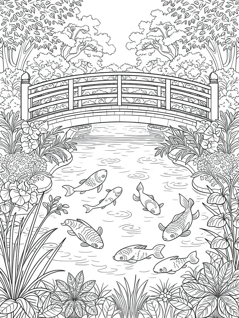 Detailed line art coloring page featuring an arched bridge over a koi pond framed by lush garden foliage.