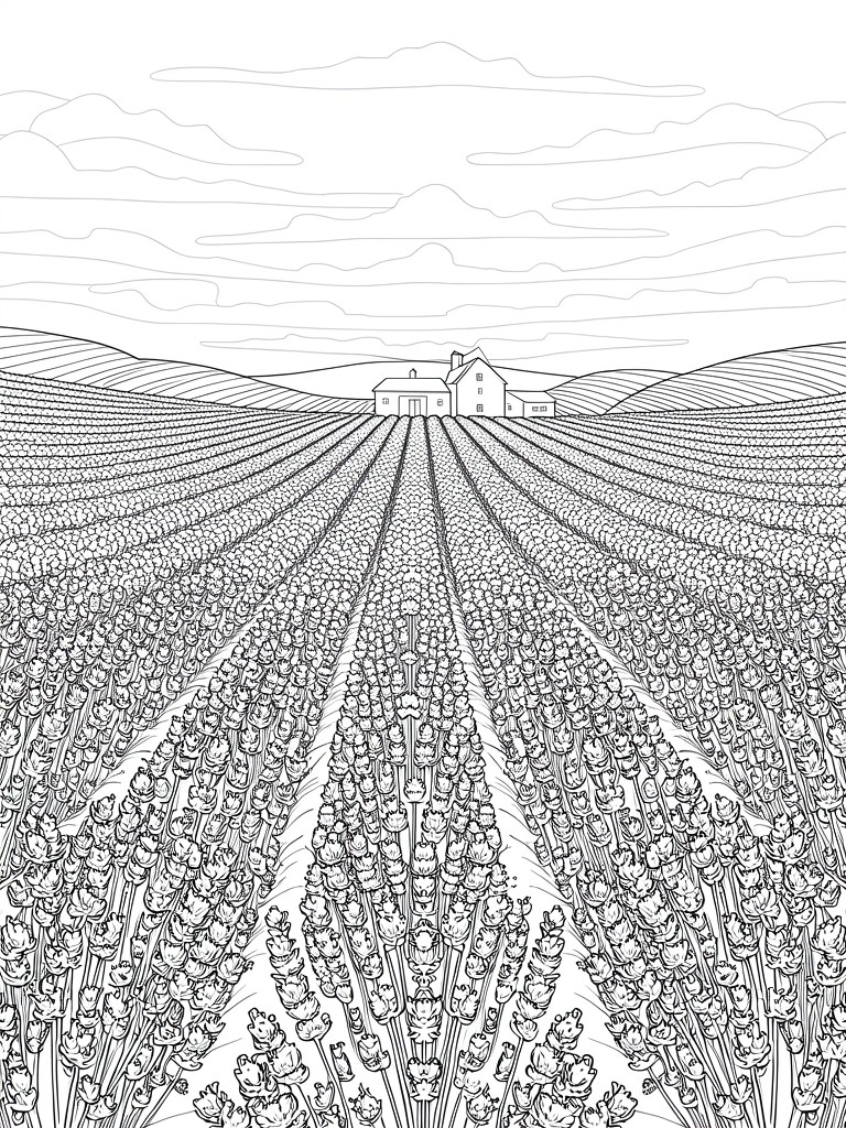 Line drawing of dense lavender rows on hills with a farmhouse and cloudy sky.