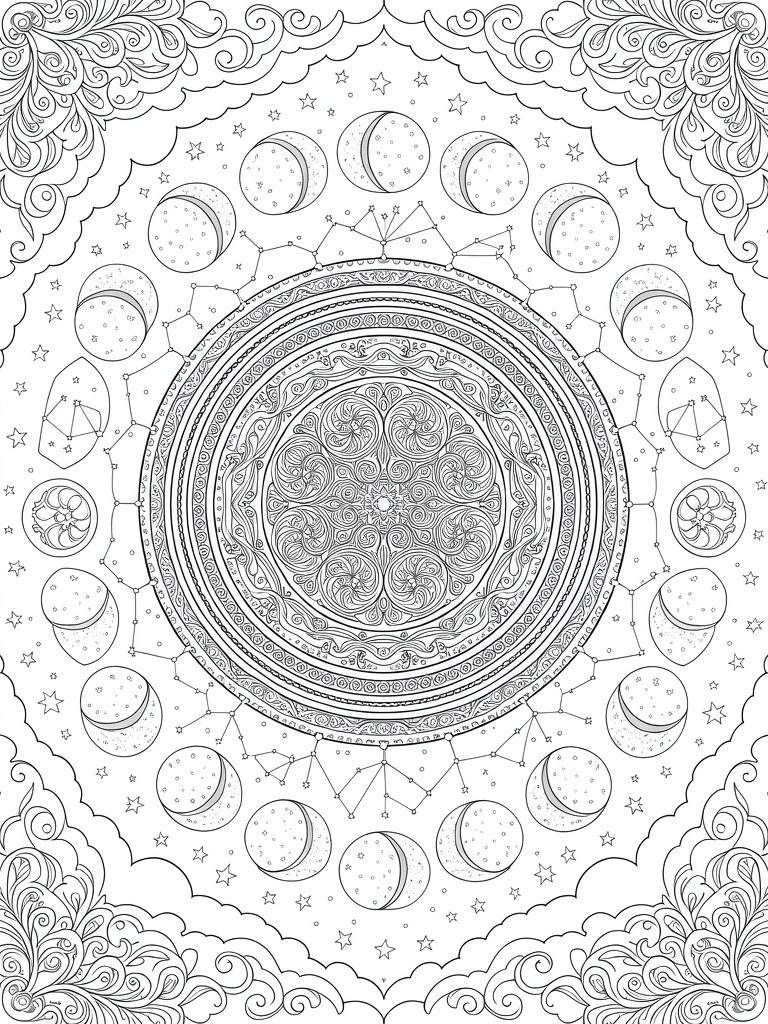 Black line art of a detailed central mandala ringed by twelve moon phases, stars, and ornate celestial borders.