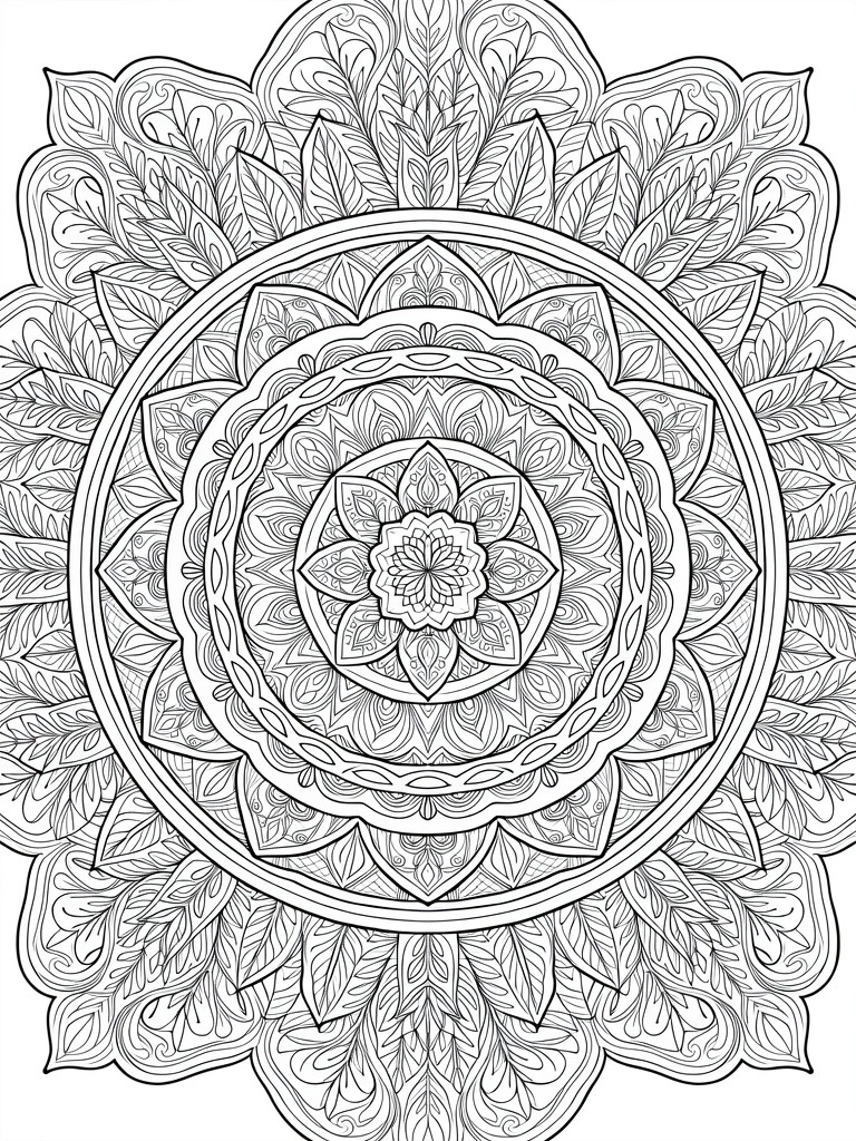Detailed black line art of a circular mandala with central flower, radiating petals, leaves, and swirling patterns.