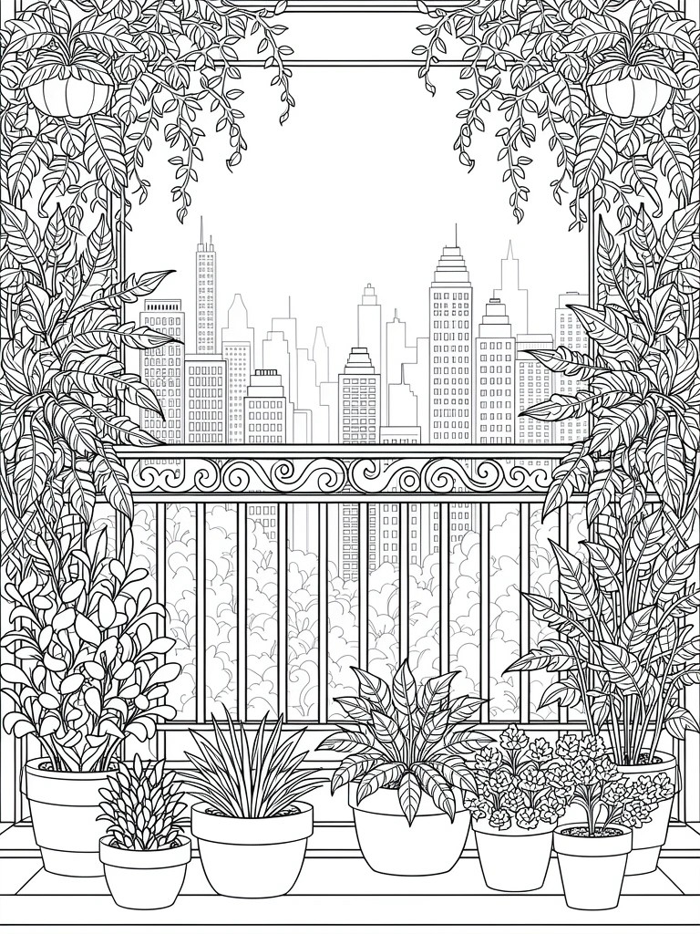 Line art coloring page featuring vines, potted plants on a balcony railing, and a city skyline in the background.