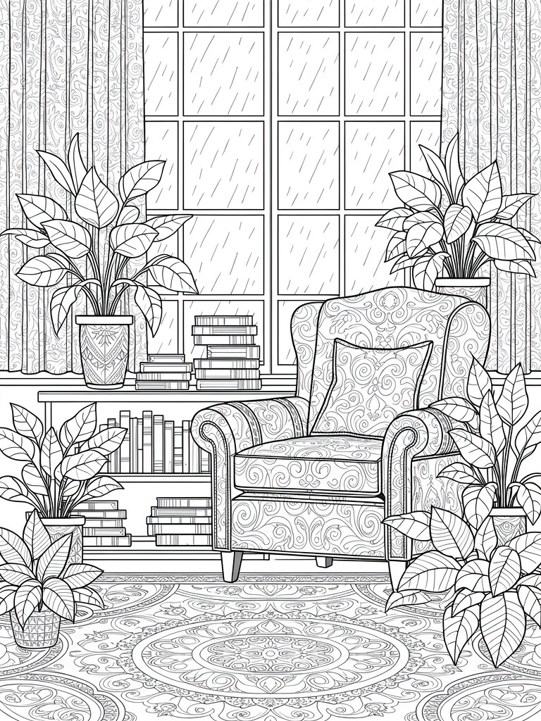 Line art coloring page of a cozy room interior with rainy window, patterned armchair, bookshelves, potted plants, and ornate rug.