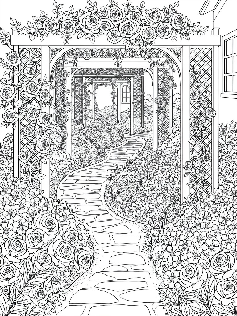 Line drawing of a curving stone path through a garden under rose-covered trellises with flowerbeds on both sides.