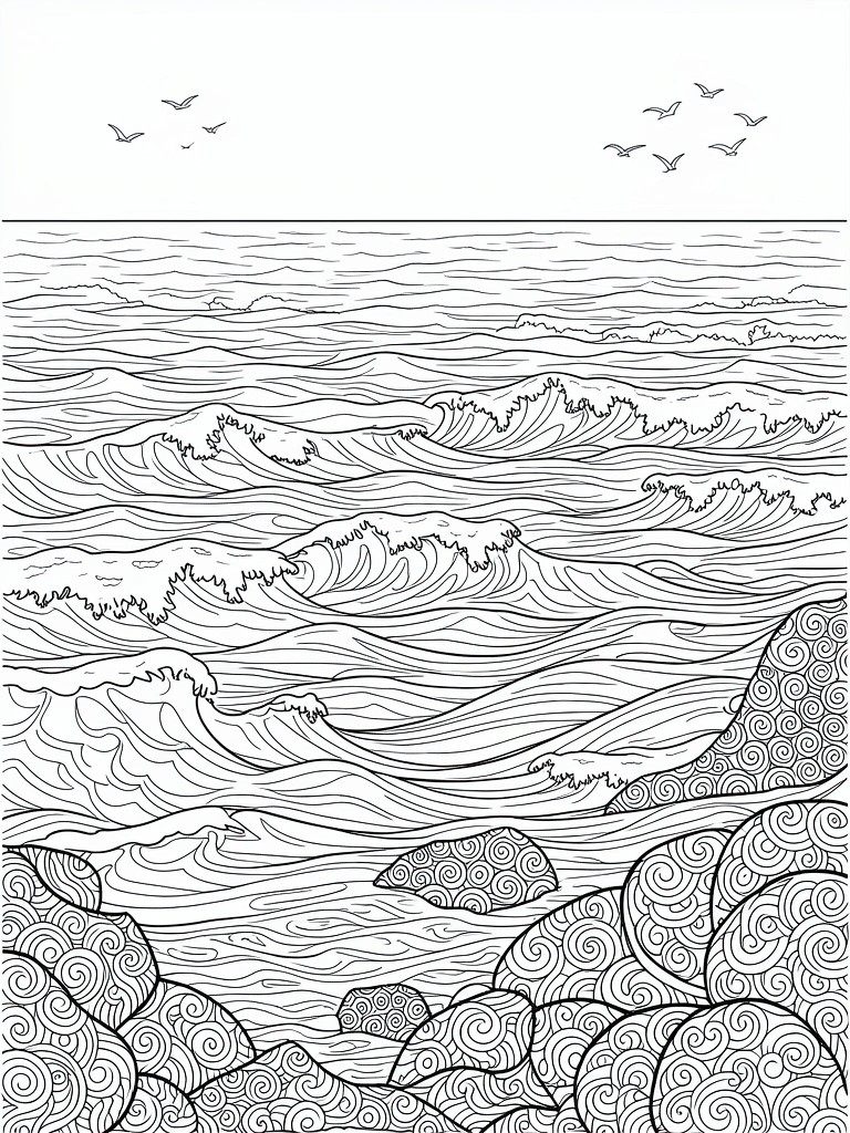 Line drawing of ocean waves meeting patterned rocks at the coast, with birds in the sky above.