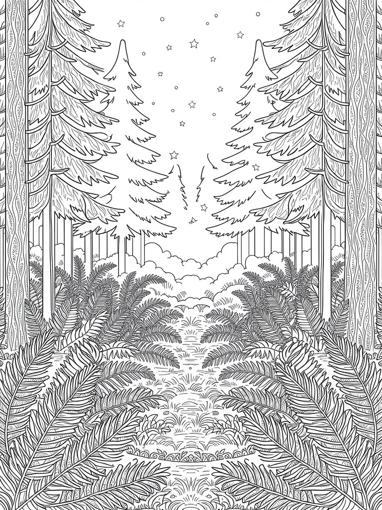 Line art coloring page of a starry night sky over a fern-lined path flanked by tall pine trees.