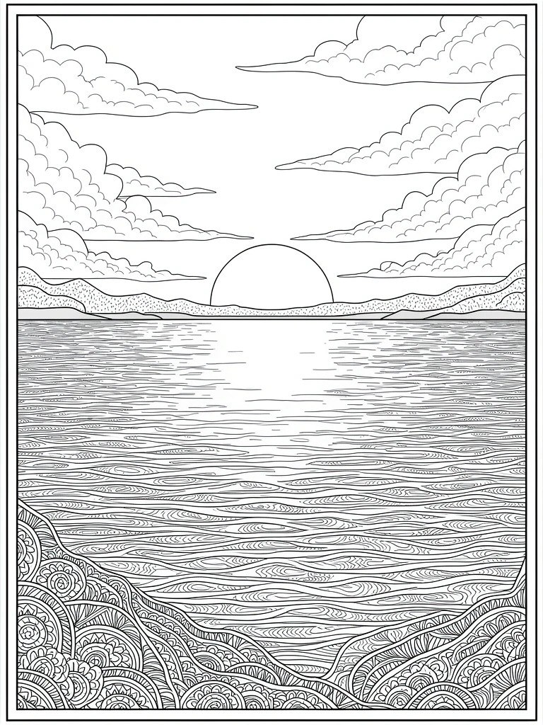 Line drawing of a sunset over calm water with distant mountains, scattered clouds, wavy lake surface, and highly patterned rocks in the foreground.