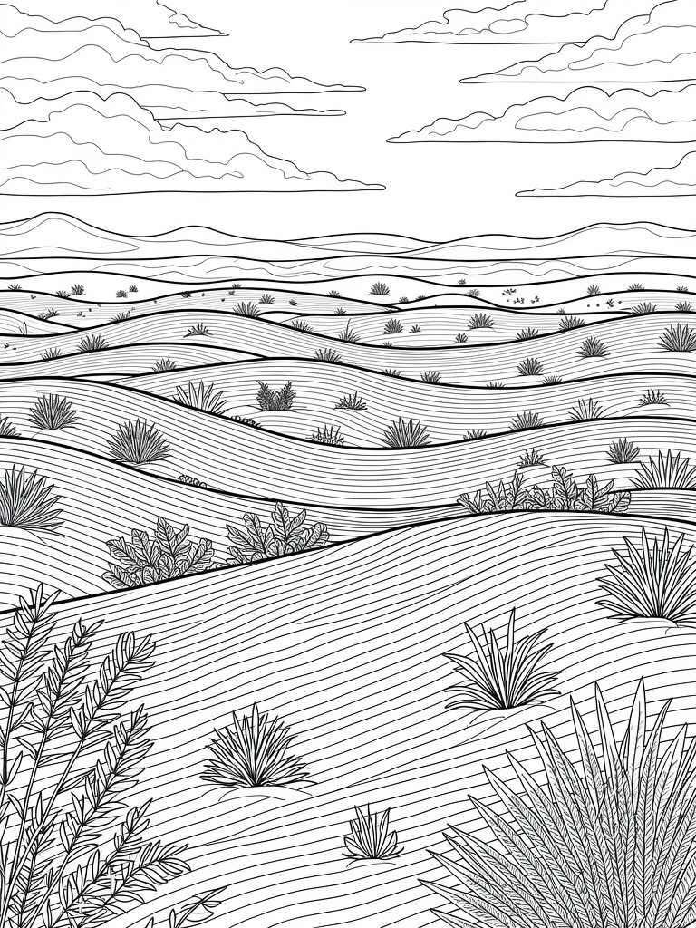 Line art of layered rolling desert dunes with succulents, bushes, and cloudy sky.