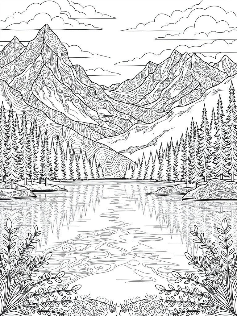 Line art coloring page of swirling-patterned mountains above a reflective lake, flanked by pine trees with bottom floral borders.