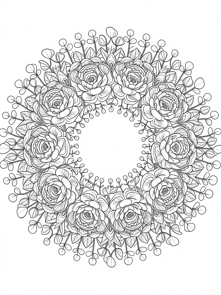 Line art of a circular wreath with roses, leaves, and berries around an open center.