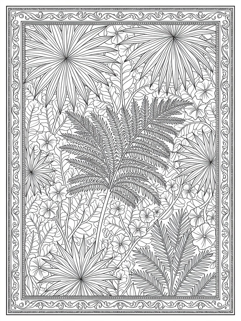 Black line art of overlapping tropical palm fronds, ferns, small star-shaped flowers, and vines inside a decorative rectangular border.
