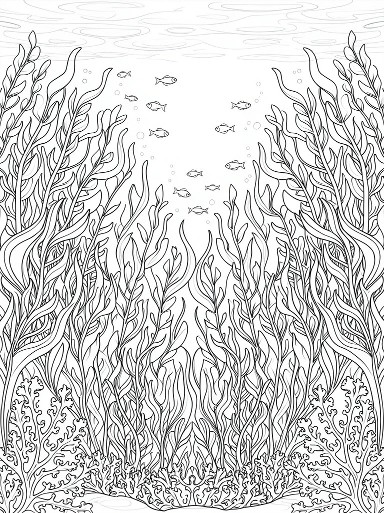 Black and white line art of a tall underwater kelp forest with coral at the base and small fish swimming through seaweed strands.