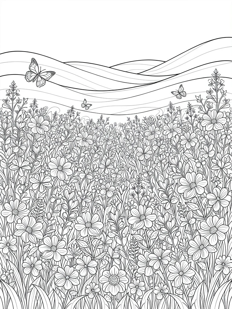 Black line drawing of a dense field of flowers with stems, leaves, daisies, butterflies flying above, and wavy rolling hills in the background.
