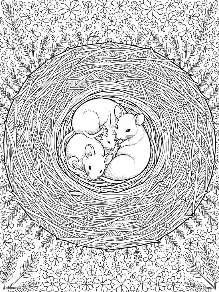 Line drawing of three baby mice nestled in a circular twig nest surrounded by dense floral and leaf patterns.