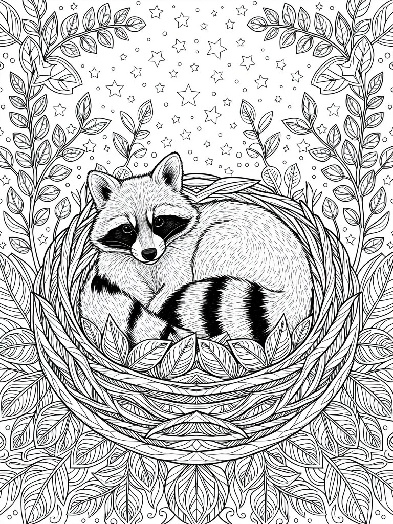Line drawing of a raccoon asleep in a nest framed by detailed leaves and stars.