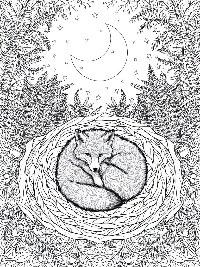 Line art coloring page of a fox sleeping in a nest framed by ferns, vines, moon, and stars.