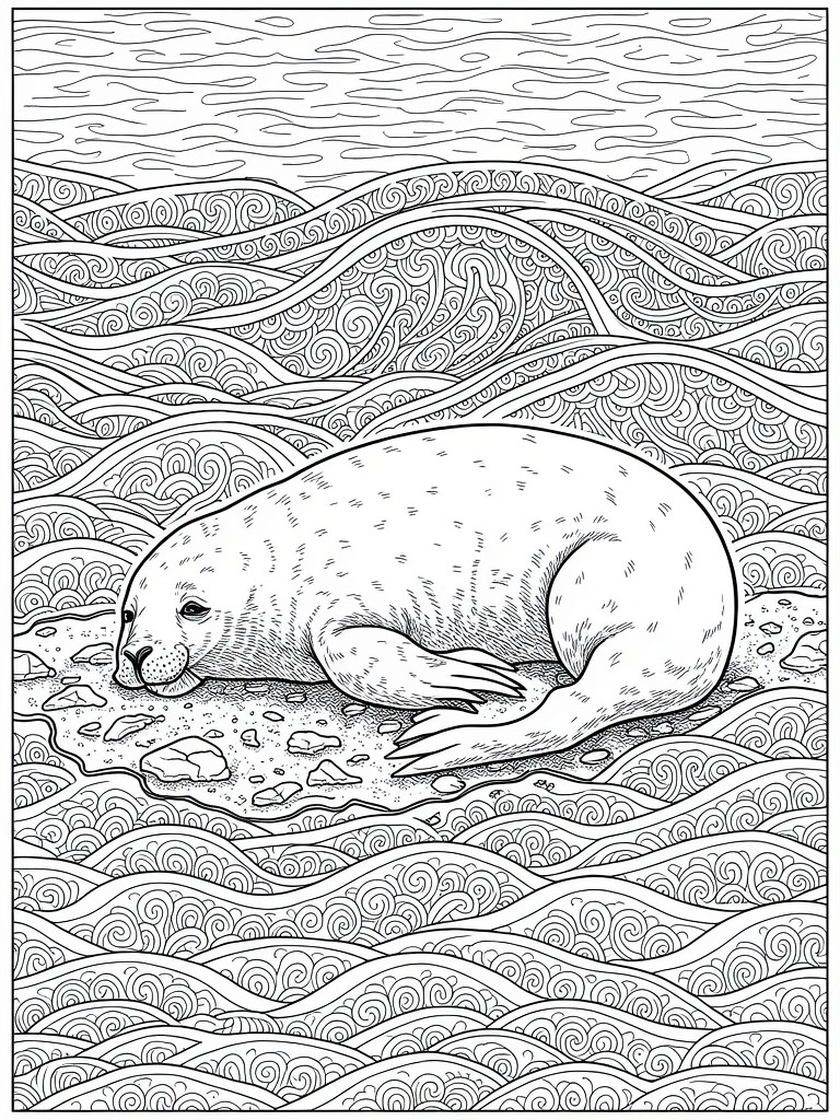 Line drawing of a curled harp seal on an ice floe amid swirling ocean waves.