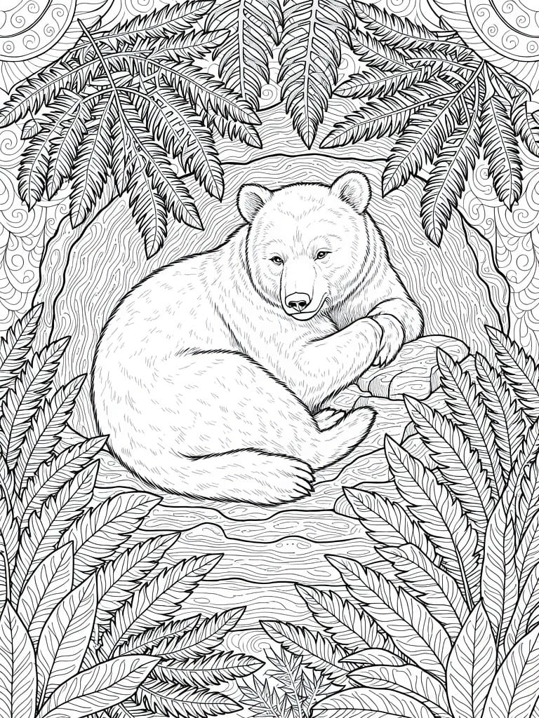 Line art coloring page of a sleeping polar bear cub curled in a nest of detailed fern leaves over wavy patterns.