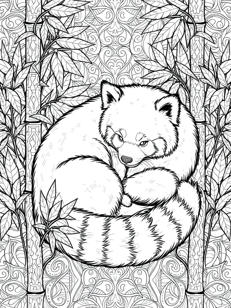 Line art of a curled sleeping red panda surrounded by bamboo stalks, leaves, and swirling ornamental patterns.