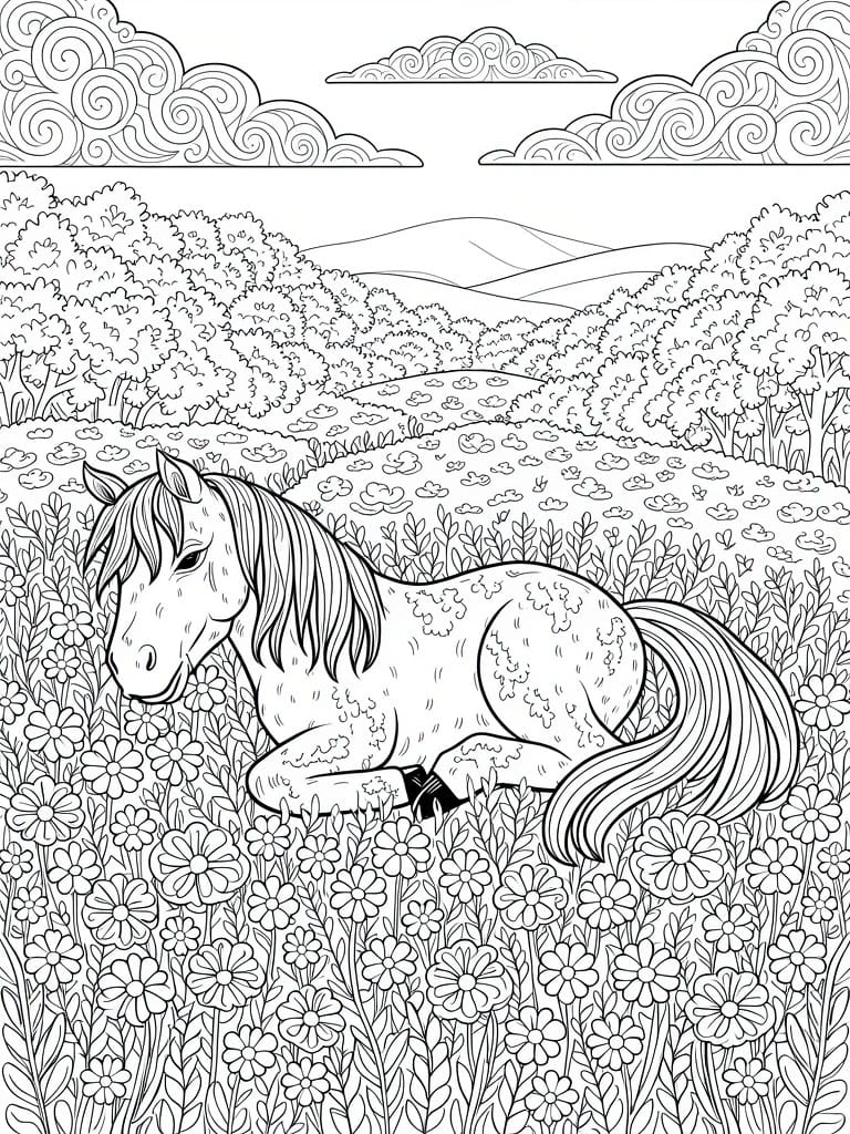 Line art of a spotted horse lying in a detailed flower field with patterned trees, hills, mountains, and clouds.