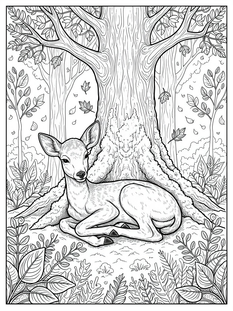 Line art coloring page featuring a fawn lying at the base of a large tree with surrounding forest foliage and falling leaves.