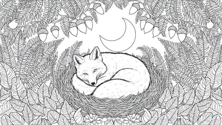 22 Comforting Animal Coloring Pages with Cozy Feel Line art coloring page of a fox sleeping in a nest framed by ferns, vines, moon, and stars.