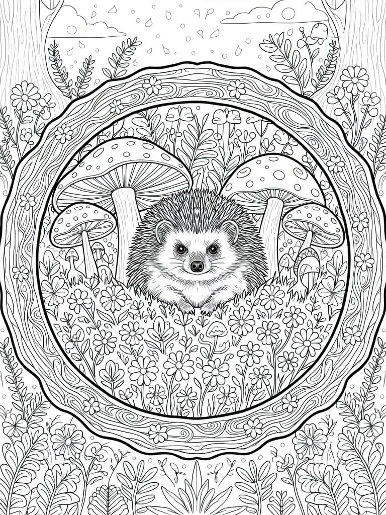 Line art coloring page featuring a central hedgehog among mushrooms and flowers inside a detailed circular woodland frame.