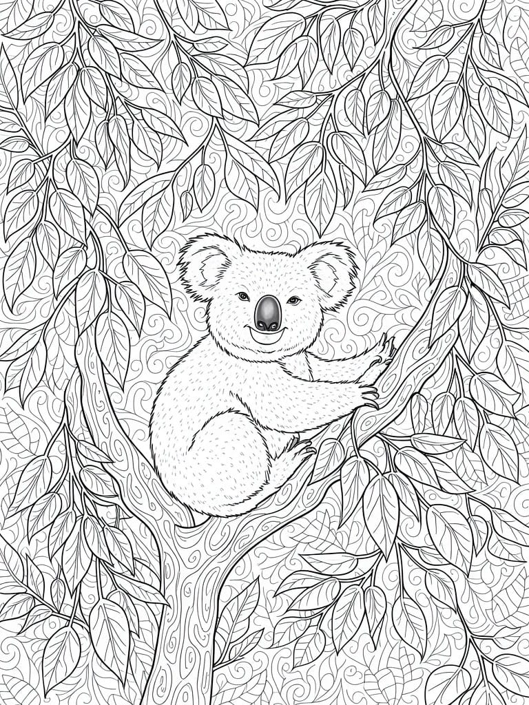 Black line art of a koala sitting on a branch surrounded by intricate swirling eucalyptus leaves and branches.