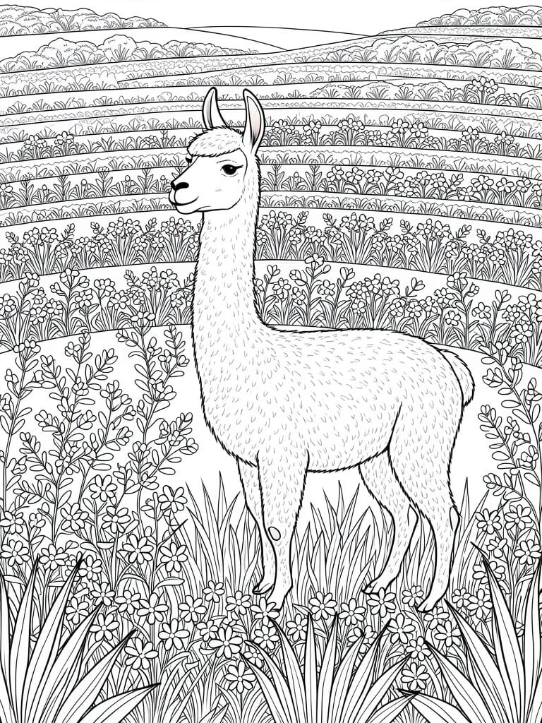 Black and white line drawing of a llama standing amid flowers and grass, with patterned terraced fields and hills behind.