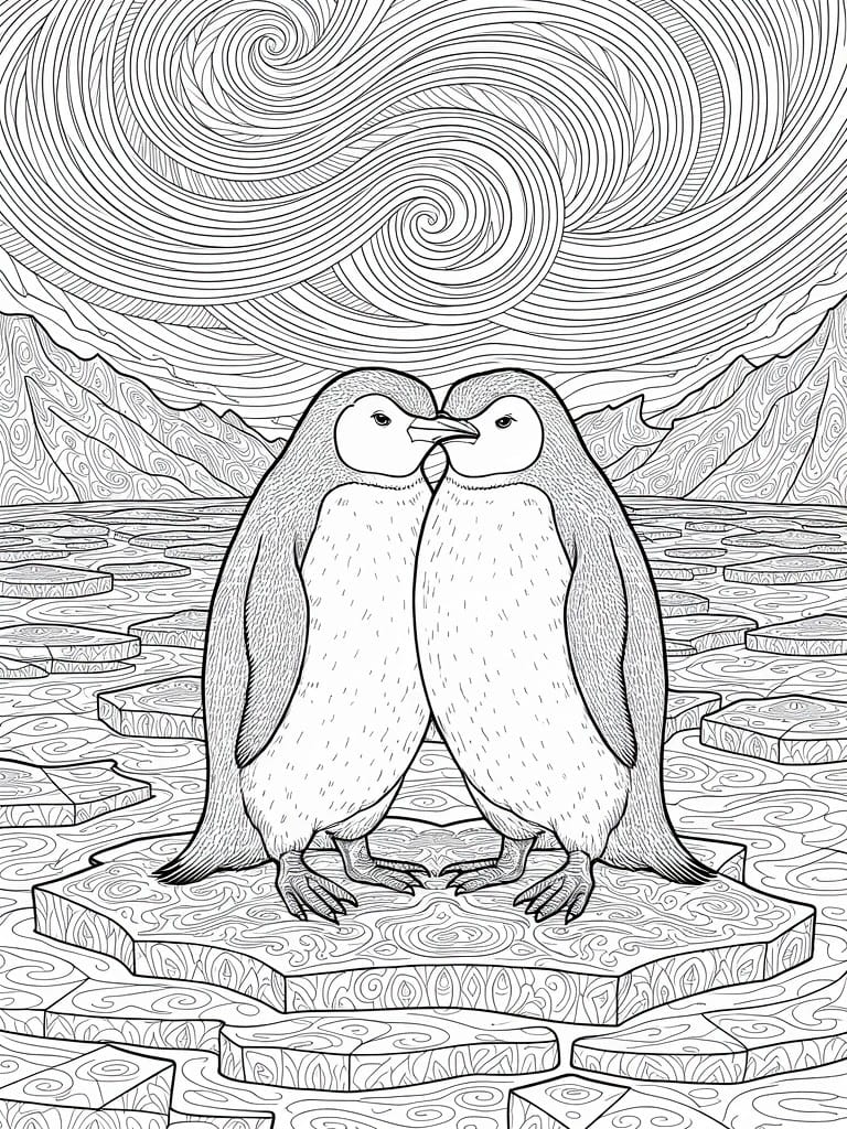 Line art coloring page of two facing penguins nuzzling on patterned ice with swirling sky, mountains, and floes.