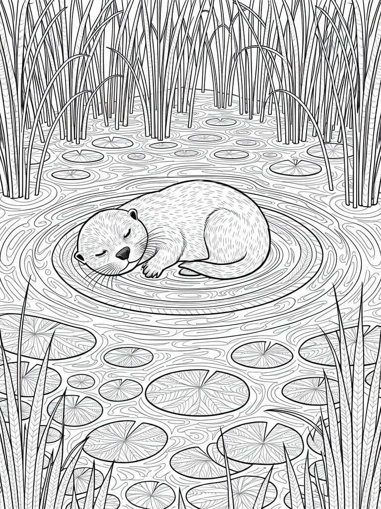 Line art of a curled sleeping otter in a water circle amid lily pads and reeds.