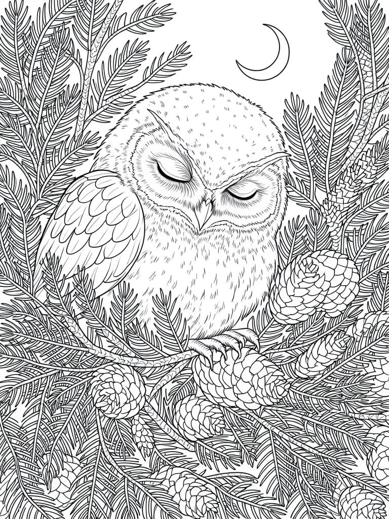 Black line drawing of a sleeping owl on a branch surrounded by fir needles, pine cones, and a crescent moon.